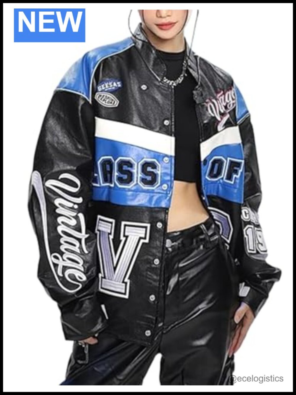 Vintage Letterman Racing Jacket Oversized Moto Bomber Coat Faux Leather